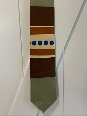 Vintage Olive and Brown Stripe Tie with Cream Band and Blue Dots